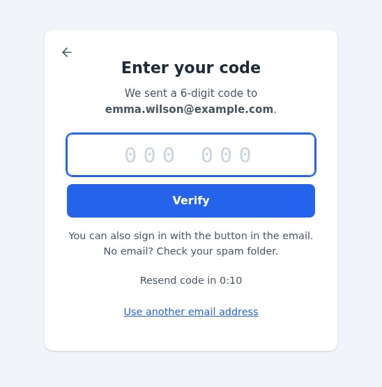 Code step of Magic Login: the customer types the 6-digit code sent to their e-mail address; the e-mail also holds a button that signs them in with one click.