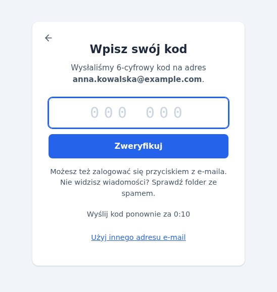 Krok z kodem w Magic Login: klient wpisuje 6-cyfrowy kod otrzymany na swój adres e-mail; e-mail zawiera też przycisk, który loguje go jednym kliknięciem.