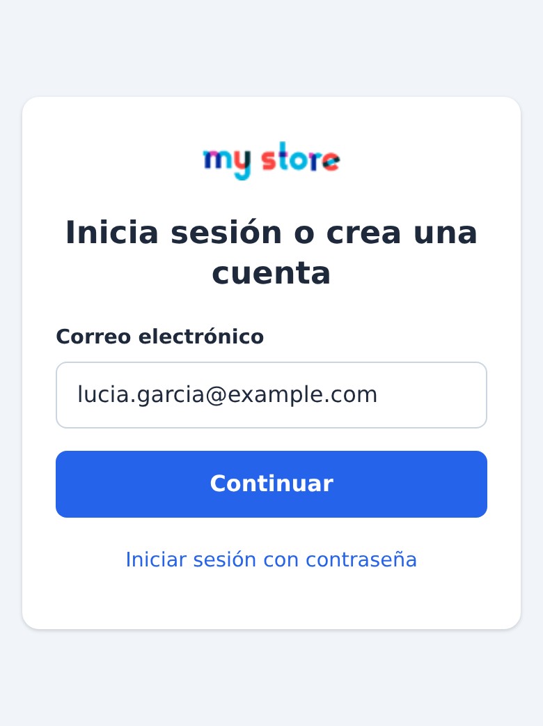 Página de acceso de Magic Login en un móvil: una sola columna con un campo de e-mail grande y un botón Continuar grande.