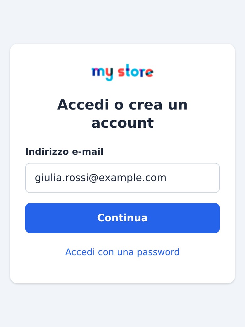 Pagina di accesso Magic Login su smartphone: una sola colonna con un campo e-mail grande e un pulsante Continua grande.
