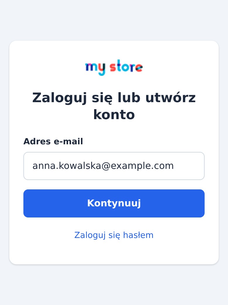 Strona logowania Magic Login na telefonie: jedna kolumna z dużym polem e-mail i dużym przyciskiem Kontynuuj.
