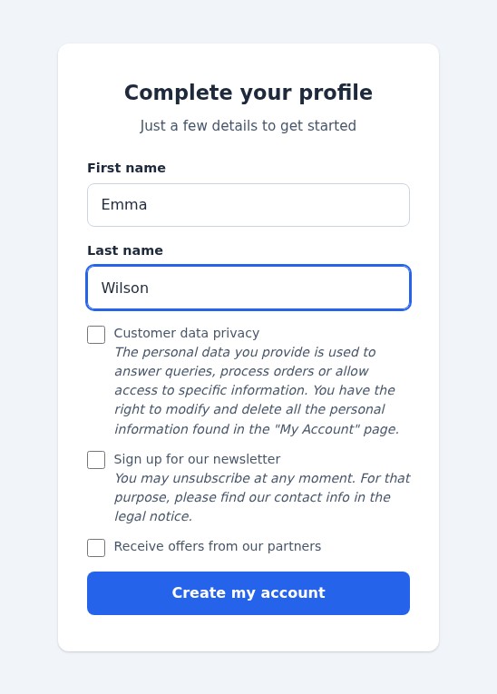 Profile step for a new customer: first name, last name and the privacy, newsletter and partner-offer boxes of the shop, then the Create my account button.