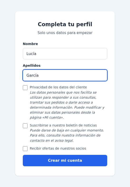 Paso del perfil de un cliente nuevo: nombre, apellidos y casillas de privacidad, boletín y ofertas de socios de la tienda, y después el botón Crear mi cuenta.