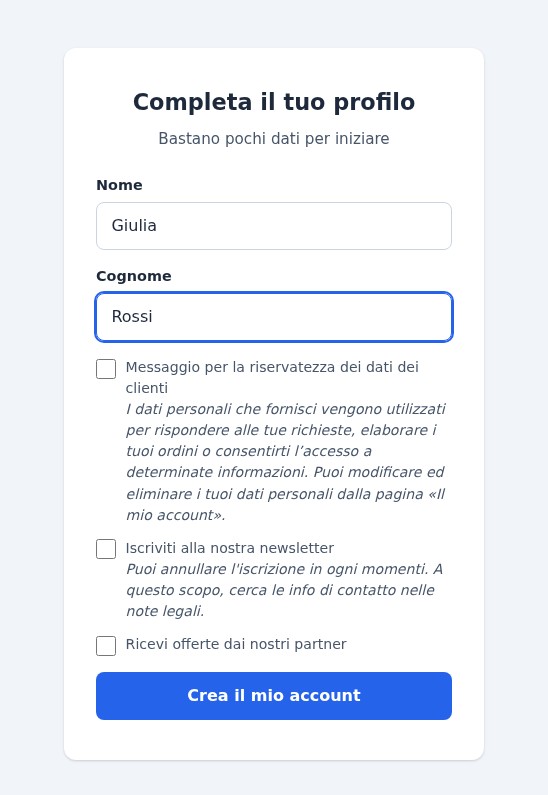 Passaggio del profilo di un nuovo cliente: nome, cognome e caselle di privacy, newsletter e offerte dei partner del negozio, poi il pulsante Crea il mio account.