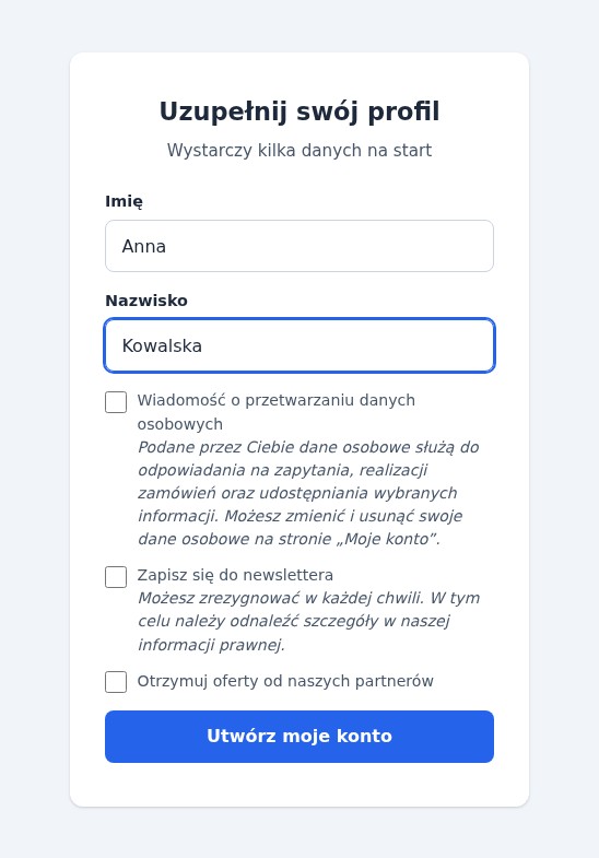 Krok profilu nowego klienta: imię, nazwisko i pola wyboru dotyczące prywatności, newslettera i ofert partnerów sklepu, a następnie przycisk Utwórz moje konto.