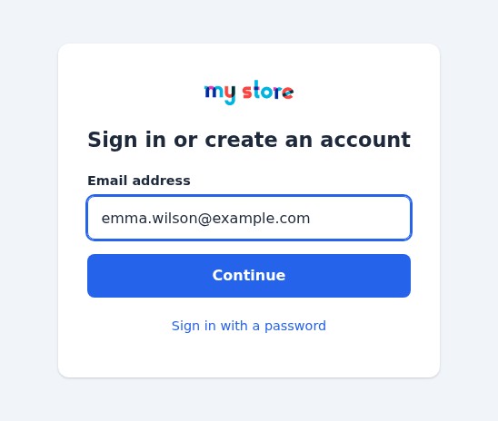 Magic Login sign-in page of a PrestaShop shop: the logo of the shop, the title Sign in or create an account, an e-mail field, the Continue button and the link Sign in with a password.