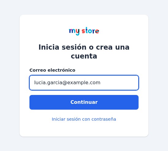 Página de acceso de Magic Login de una tienda PrestaShop: el logotipo de la tienda, el título Inicia sesión o crea una cuenta, un campo de e-mail, el botón Continuar y el enlace Iniciar sesión con contraseña.