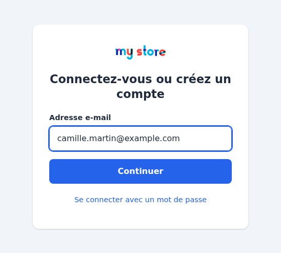 Page de connexion Magic Login d’une boutique PrestaShop : le logo de la boutique, le titre Connectez-vous ou créez un compte, un champ e-mail, le bouton Continuer et le lien Se connecter avec un mot de passe.