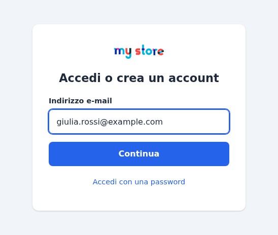 Pagina di accesso Magic Login di un negozio PrestaShop: il logo del negozio, il titolo Accedi o crea un account, un campo e-mail, il pulsante Continua e il link Accedi con una password.