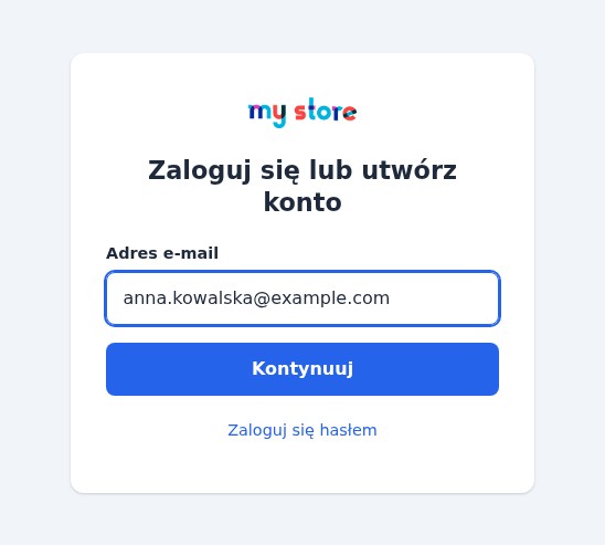 Strona logowania Magic Login w sklepie PrestaShop: logo sklepu, tytuł Zaloguj się lub utwórz konto, pole e-mail, przycisk Kontynuuj i link Zaloguj się hasłem.