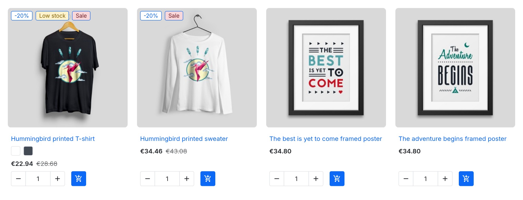 Product grid of the home page: Low stock and Sale badges on the T-shirt, a Sale badge on the sweater, no badge on the posters.