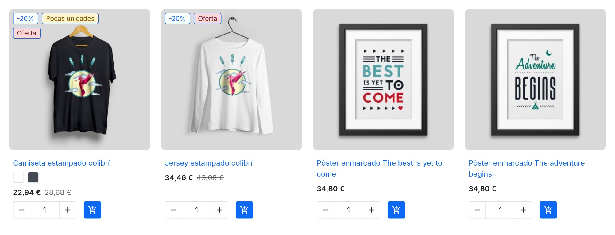 Cuadrícula de productos de la página de inicio: etiquetas Pocas unidades y Oferta en la camiseta, etiqueta Oferta en el jersey, ninguna etiqueta en los pósteres.