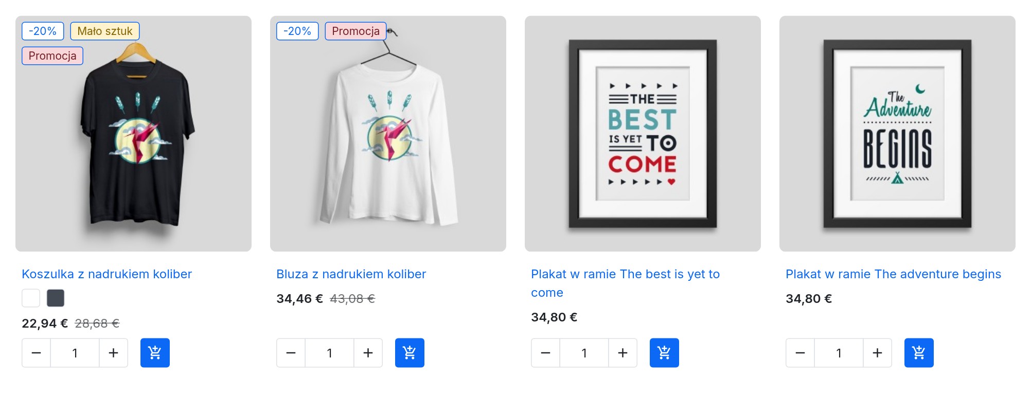 Siatka produktów na stronie głównej: etykiety Mało sztuk i Promocja na koszulce, etykieta Promocja na bluzie, brak etykiet na plakatach.