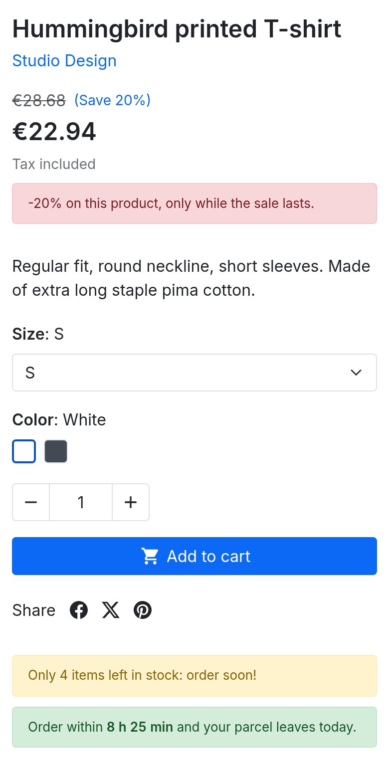Product page on a phone: the discount message under the price, then the stock and countdown messages under the Add to cart button.