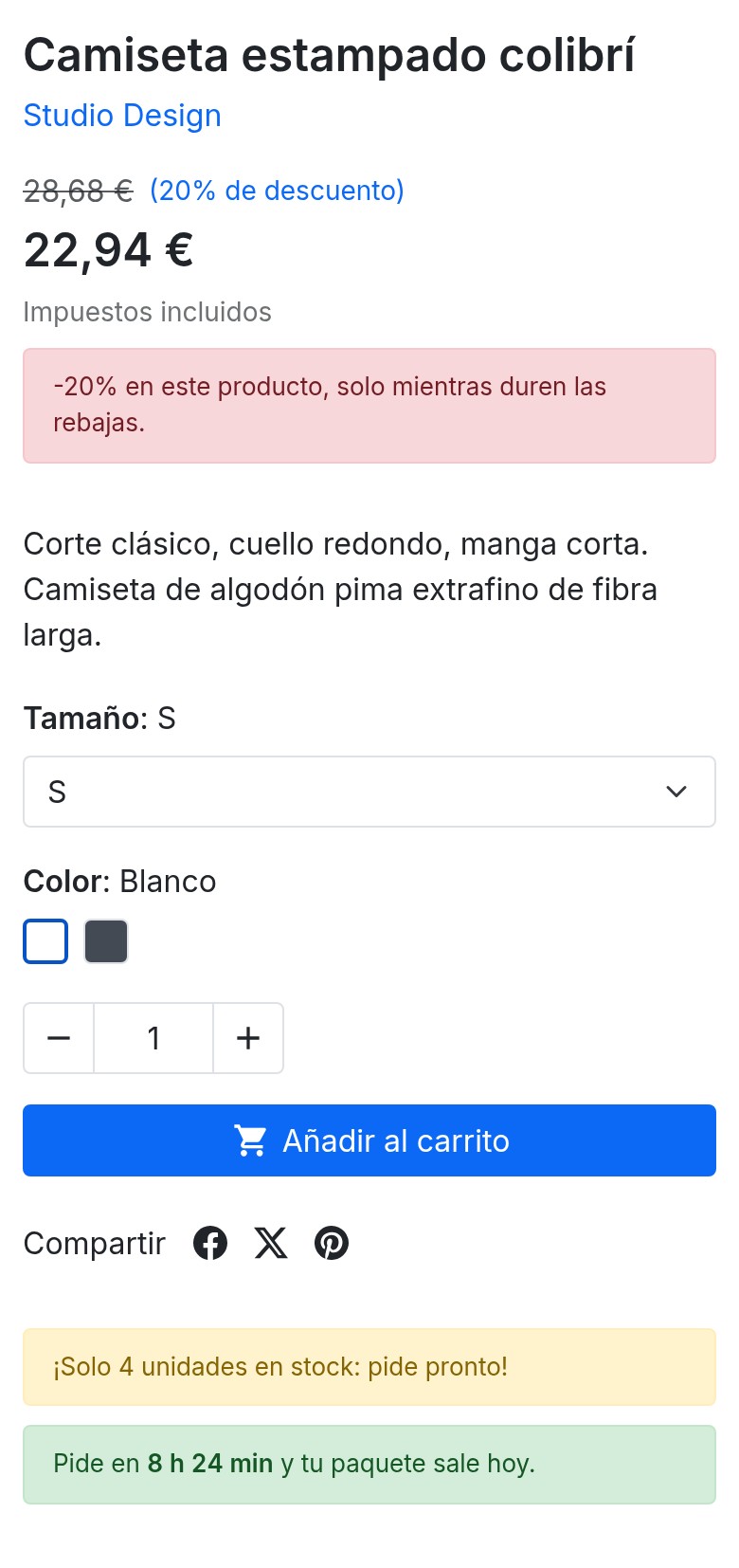 Ficha de producto en un teléfono: el mensaje de descuento debajo del precio y, después, los mensajes de stock y de cuenta atrás debajo del botón Añadir al carrito.