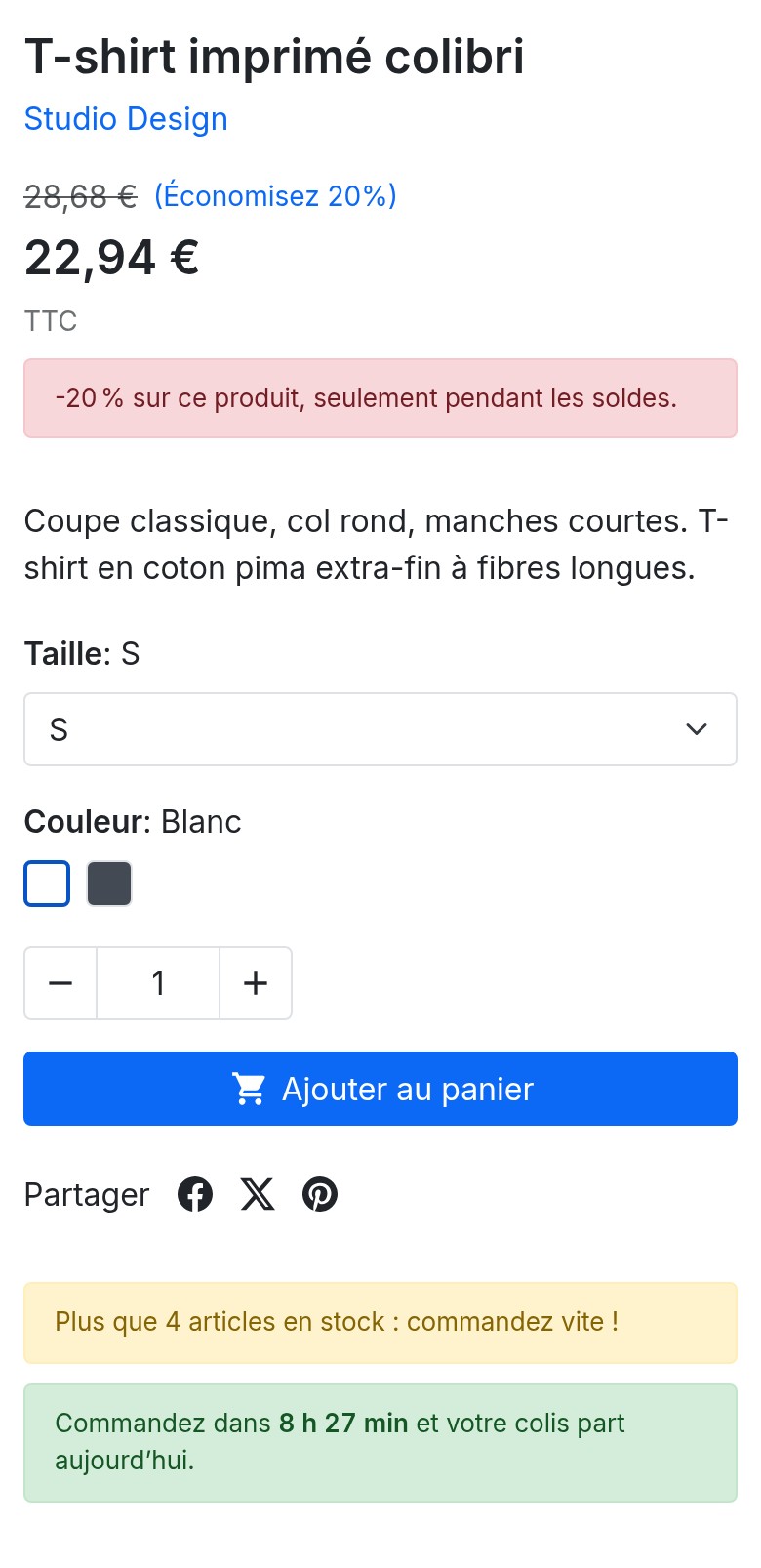 Fiche produit sur téléphone : le message de remise sous le prix, puis les messages de stock et de compte à rebours sous le bouton Ajouter au panier.