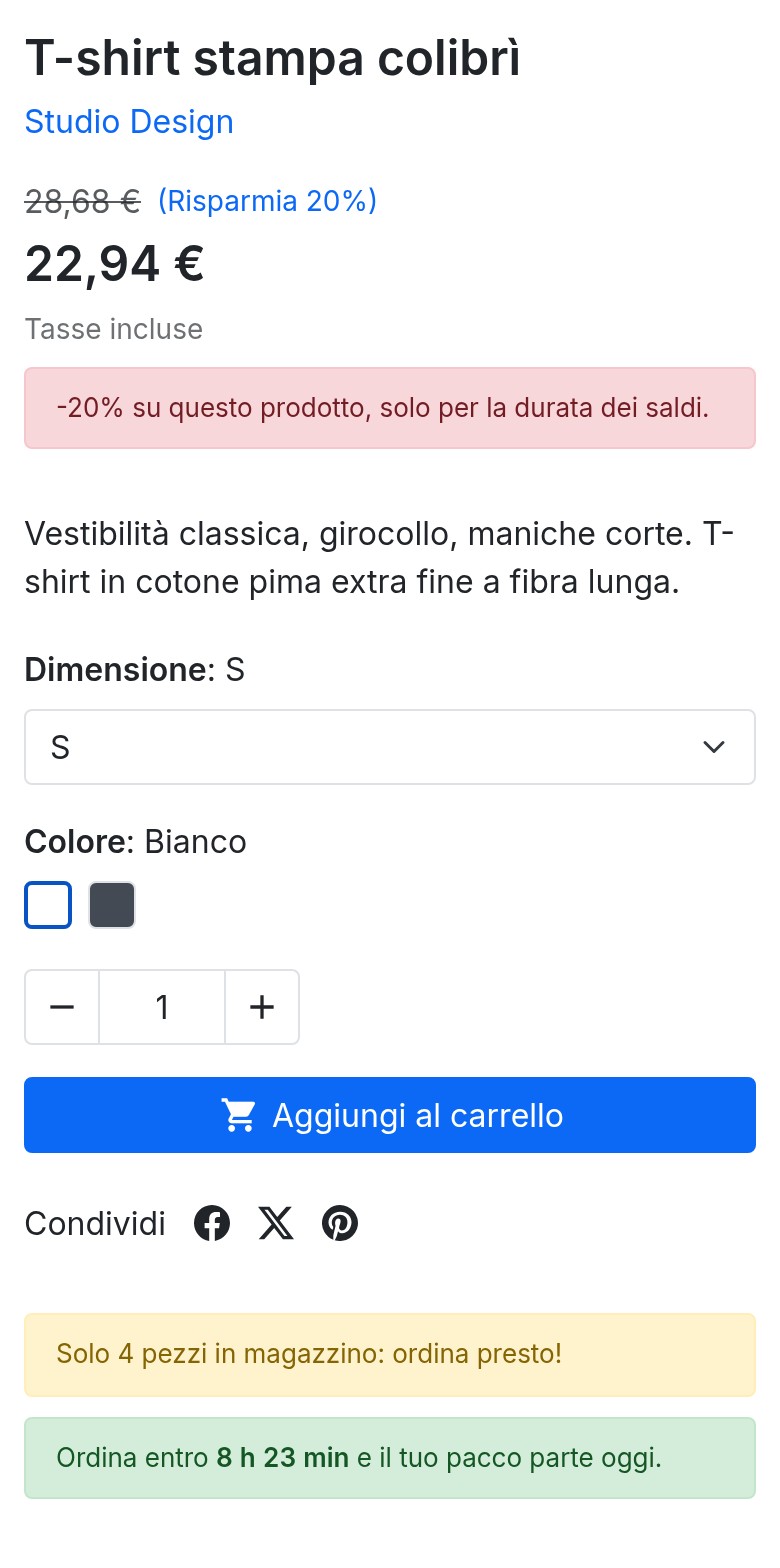 Scheda prodotto su un telefono: il messaggio di sconto sotto il prezzo e poi i messaggi di stock e del conto alla rovescia sotto il pulsante Aggiungi al carrello.