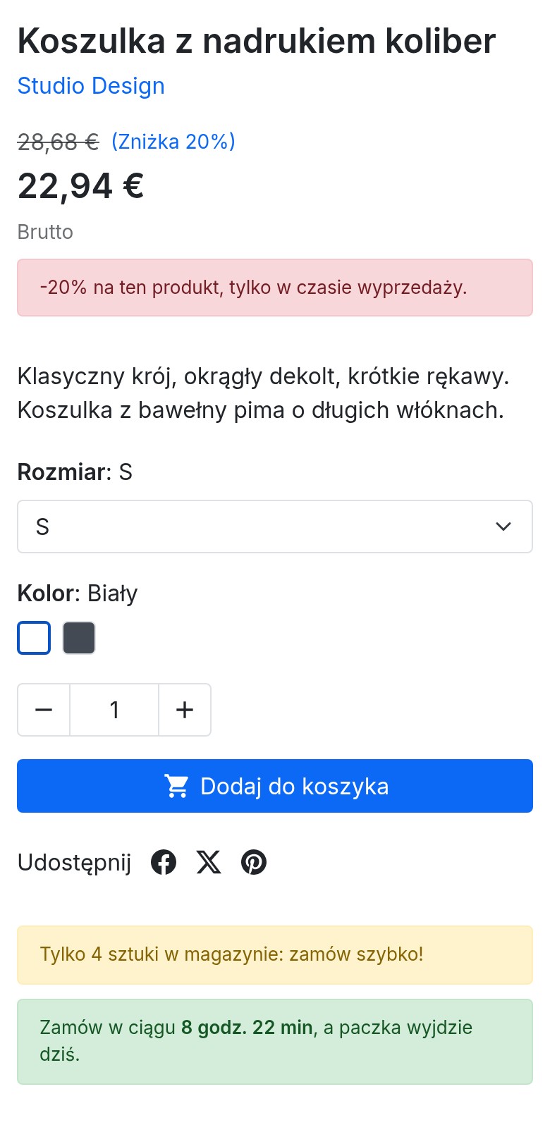 Karta produktu na telefonie: komunikat o rabacie pod ceną, a następnie komunikaty o stanie i odliczaniu pod przyciskiem Dodaj do koszyka.