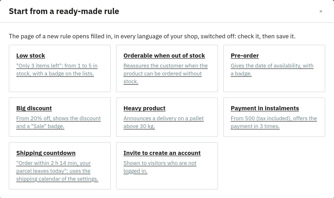 Window of the ready-made rules: low stock, orderable when out of stock, pre-order, big discount, heavy product, payment in instalments, shipping countdown and invite to create an account.