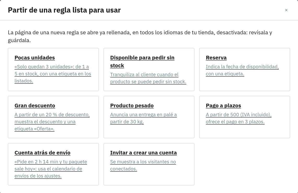 Ventana de las reglas listas para usar: pocas unidades, disponible para pedir sin stock, reserva, gran descuento, producto pesado, pago a plazos, cuenta atrás de envío e invitación a crear una cuenta.