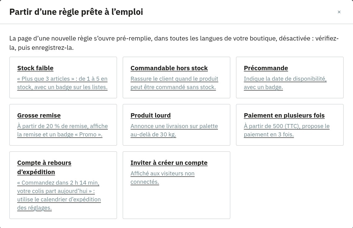 Fenêtre des règles prêtes à l’emploi : stock faible, commandable hors stock, précommande, grosse remise, produit lourd, paiement en plusieurs fois, compte à rebours d’expédition et invitation à créer un compte.