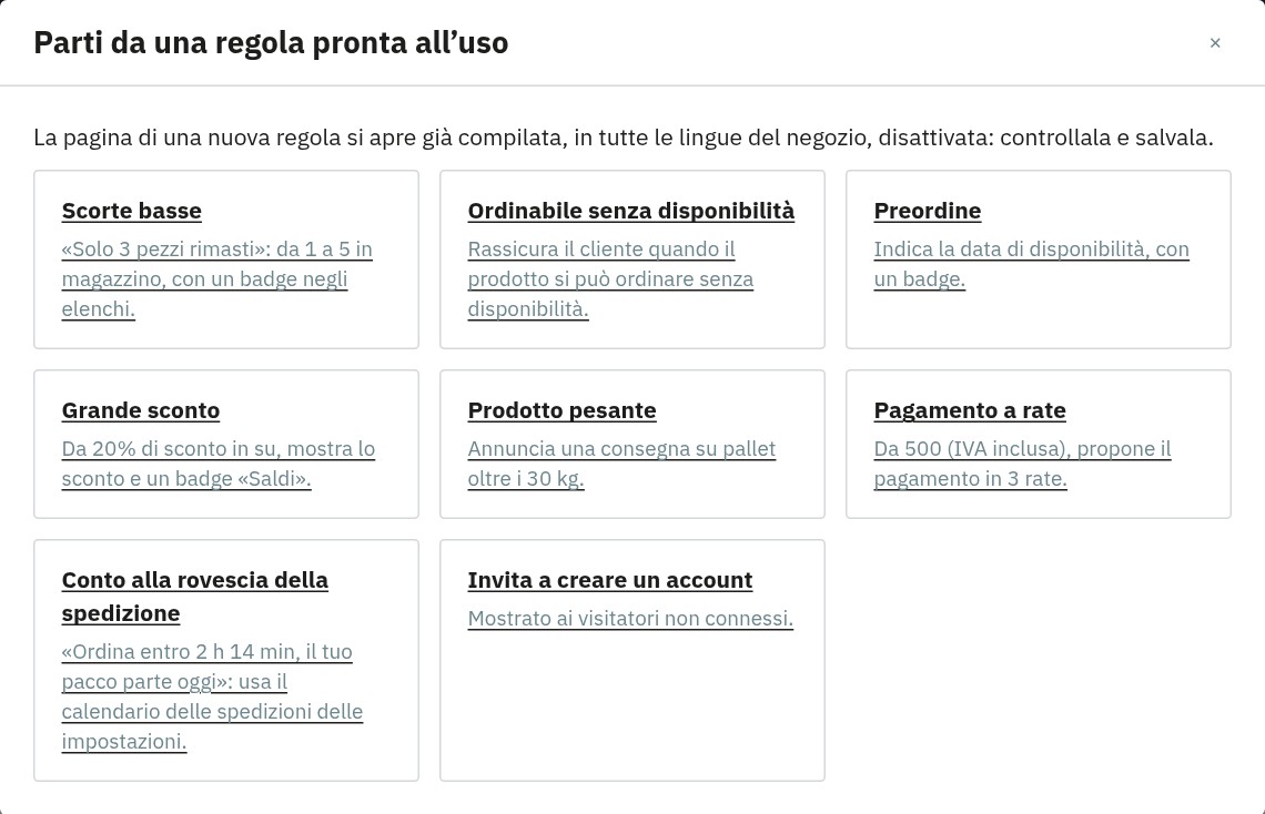 Finestra delle regole pronte all’uso: scorte basse, ordinabile senza disponibilità, preordine, grande sconto, prodotto pesante, pagamento a rate, conto alla rovescia della spedizione e invito a creare un account.