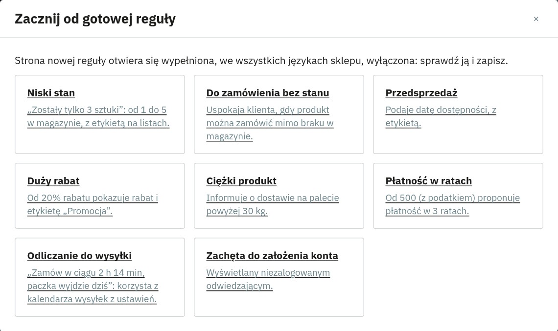Okno gotowych reguł: niski stan, do zamówienia bez stanu, przedsprzedaż, duży rabat, ciężki produkt, płatność w ratach, odliczanie do wysyłki i zachęta do założenia konta.
