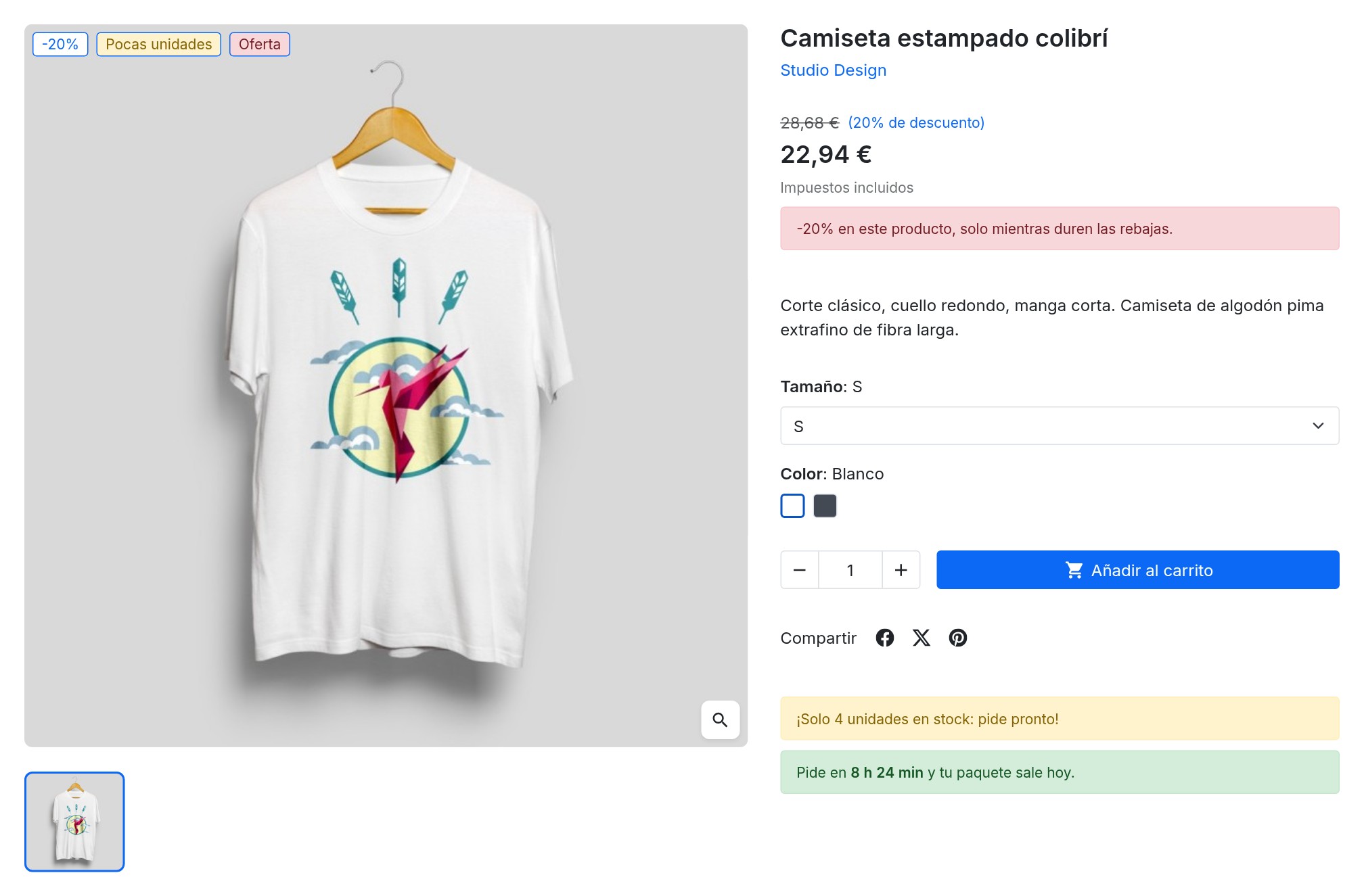 Ficha de producto de una camiseta: etiquetas Pocas unidades y Oferta en la imagen, mensaje de descuento debajo del precio, y debajo del botón Añadir al carrito el mensaje de unidades restantes y la cuenta atrás hasta la hora límite de envío.