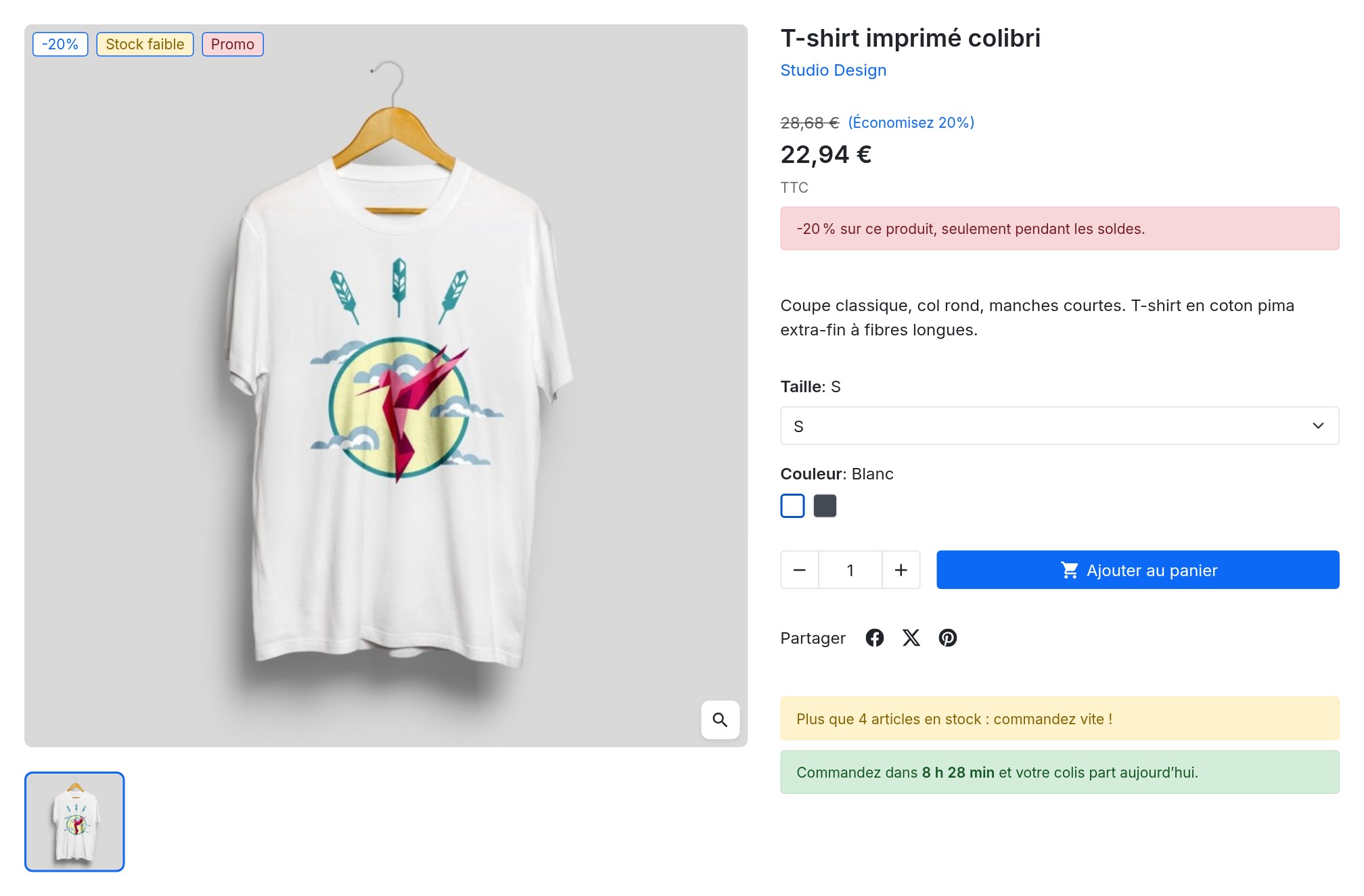 Fiche produit d’un T-shirt : badges Stock faible et Promo sur l’image, message de remise sous le prix, messages Plus que 4 articles en stock et compte à rebours avant l’heure limite d’expédition sous le bouton Ajouter au panier.