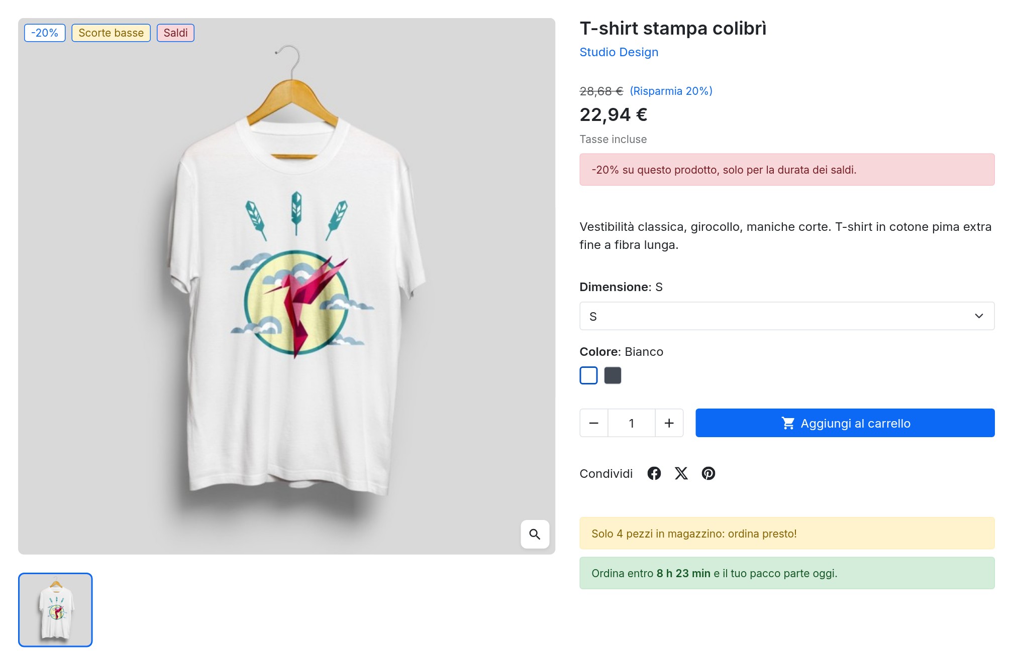 Scheda prodotto di una T-shirt: badge Scorte basse e Saldi sull’immagine, messaggio di sconto sotto il prezzo e, sotto il pulsante Aggiungi al carrello, il messaggio dei pezzi rimasti e il conto alla rovescia fino all’orario limite di spedizione.