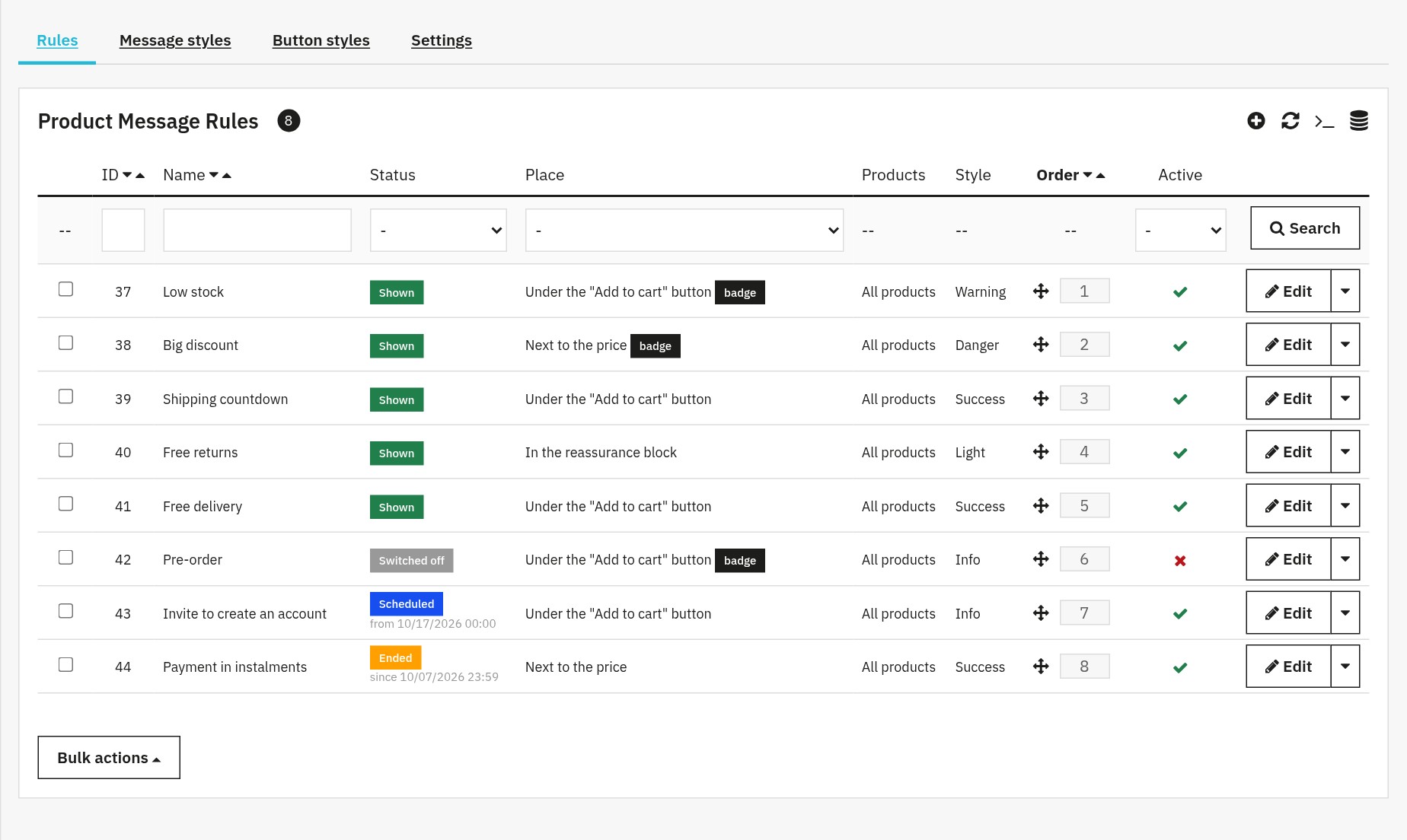 List of the rules: name, status Shown, Switched off, Scheduled or Ended, place, targeted products, style, order by drag and drop and switch.
