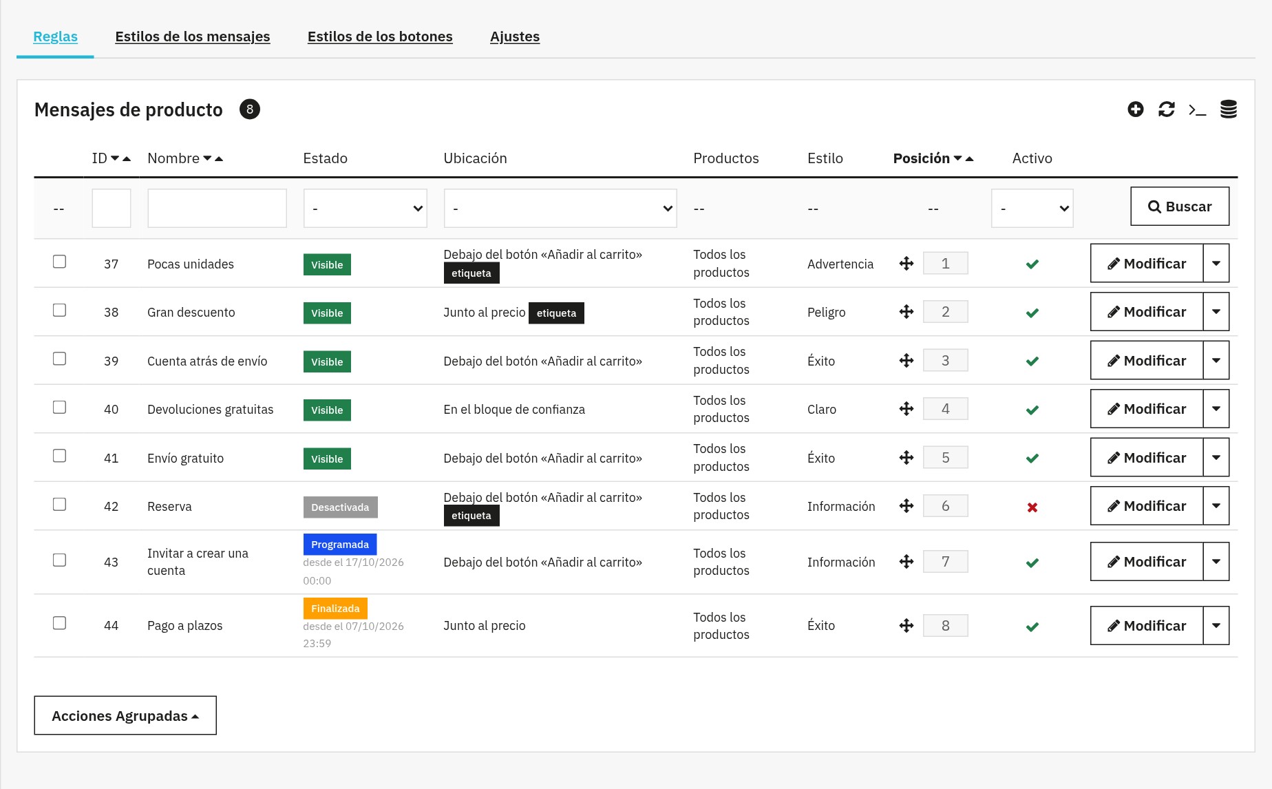 Lista de reglas: nombre, estado Visible, Desactivada, Programada o Finalizada, ubicación, productos, estilo, posición por arrastrar y soltar e interruptor.