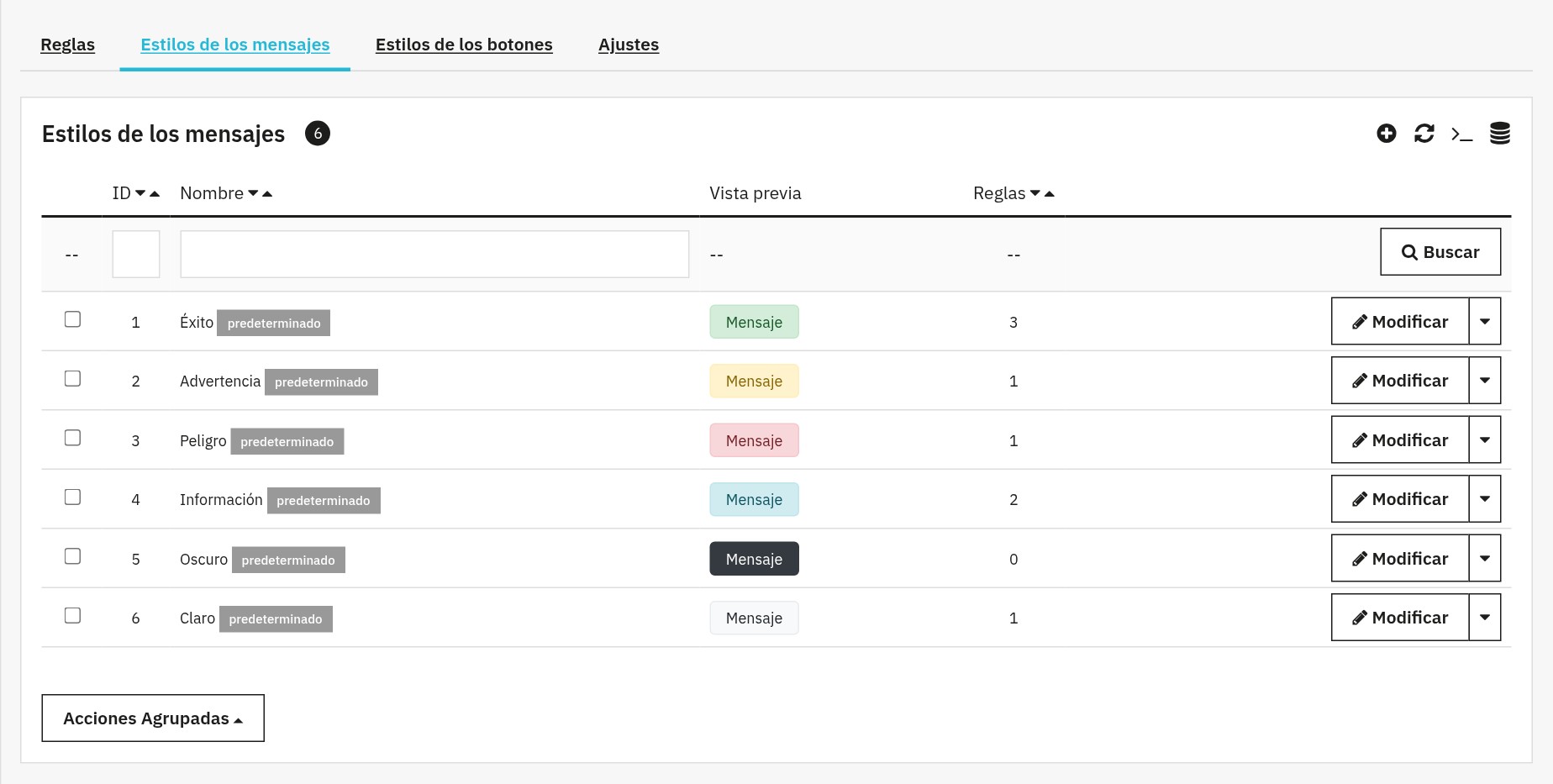 Lista de los estilos de mensaje: Éxito, Advertencia, Peligro, Información, Oscuro y Claro con su vista previa y el número de reglas que los usan.