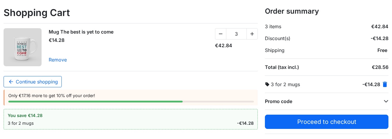Cart: savings obtained and progress towards the next offer