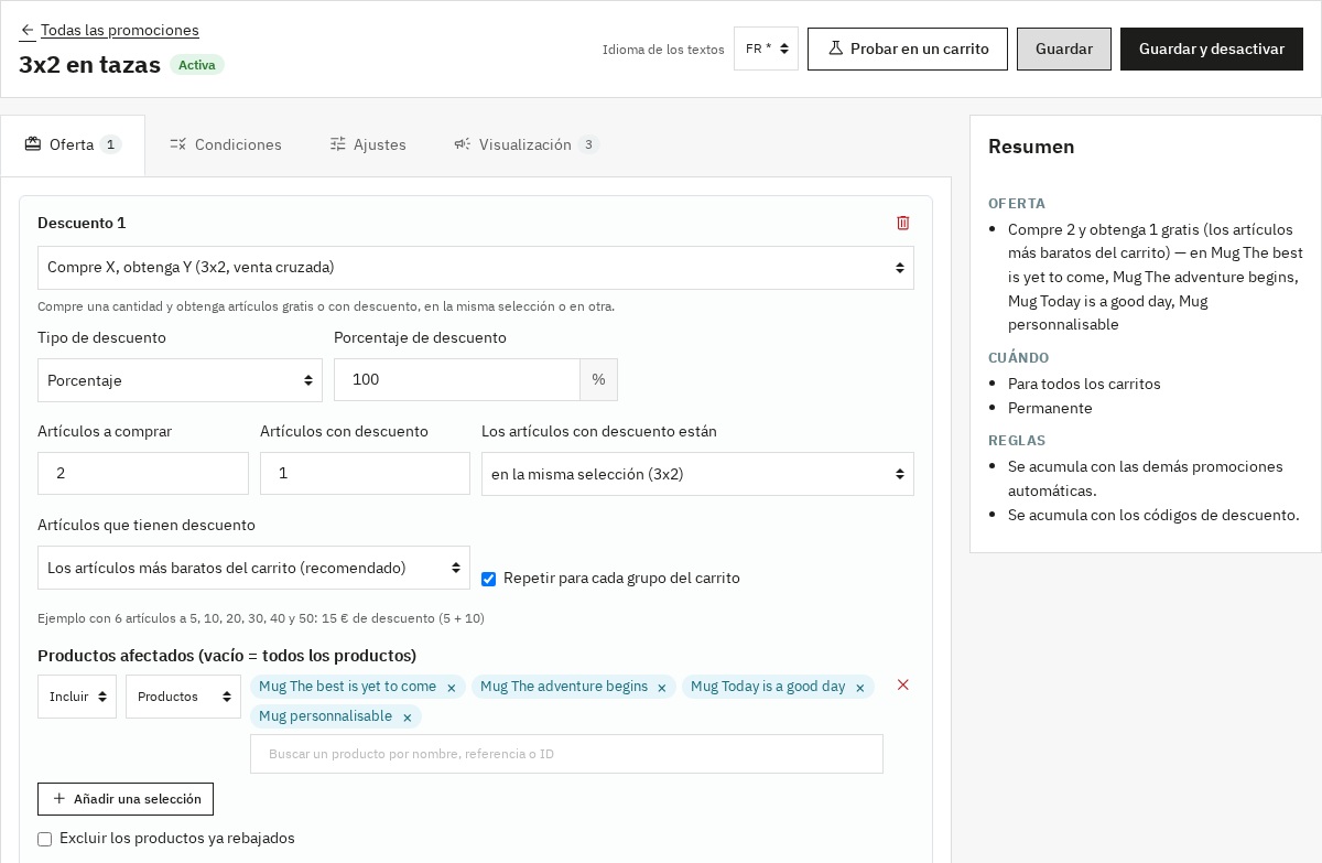 Editor de promociones con su resumen claro
