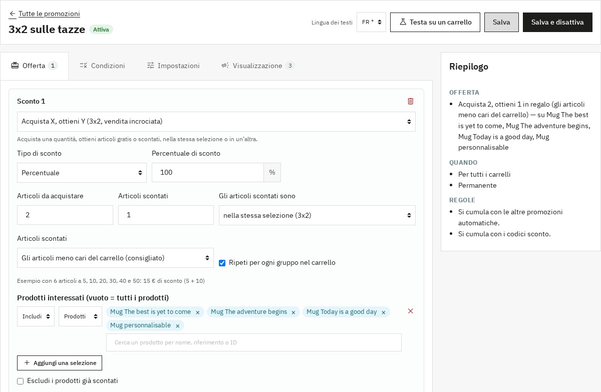 Editor della promozione con il riepilogo semplice