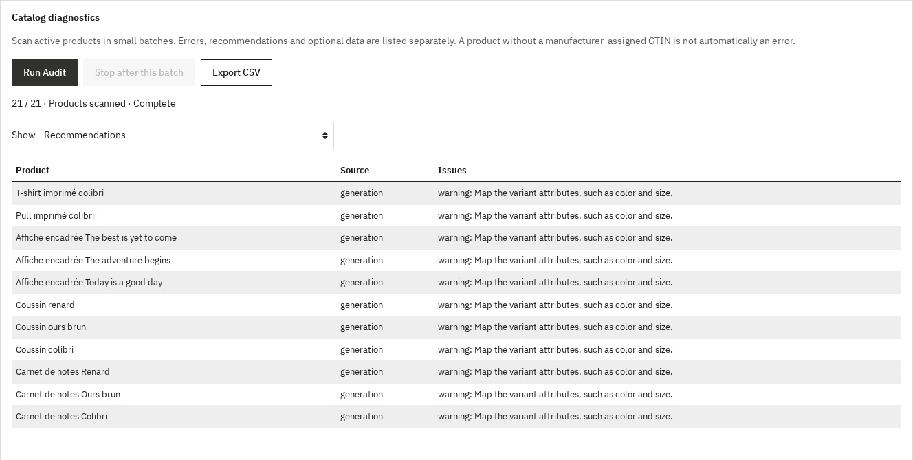 Catalog diagnostic with actionable findings and CSV export
