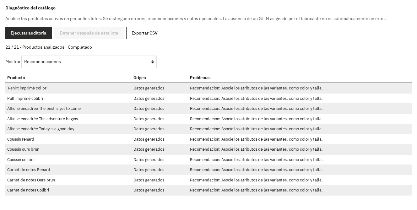 Diagnóstico del catálogo con resultados útiles y exportación CSV