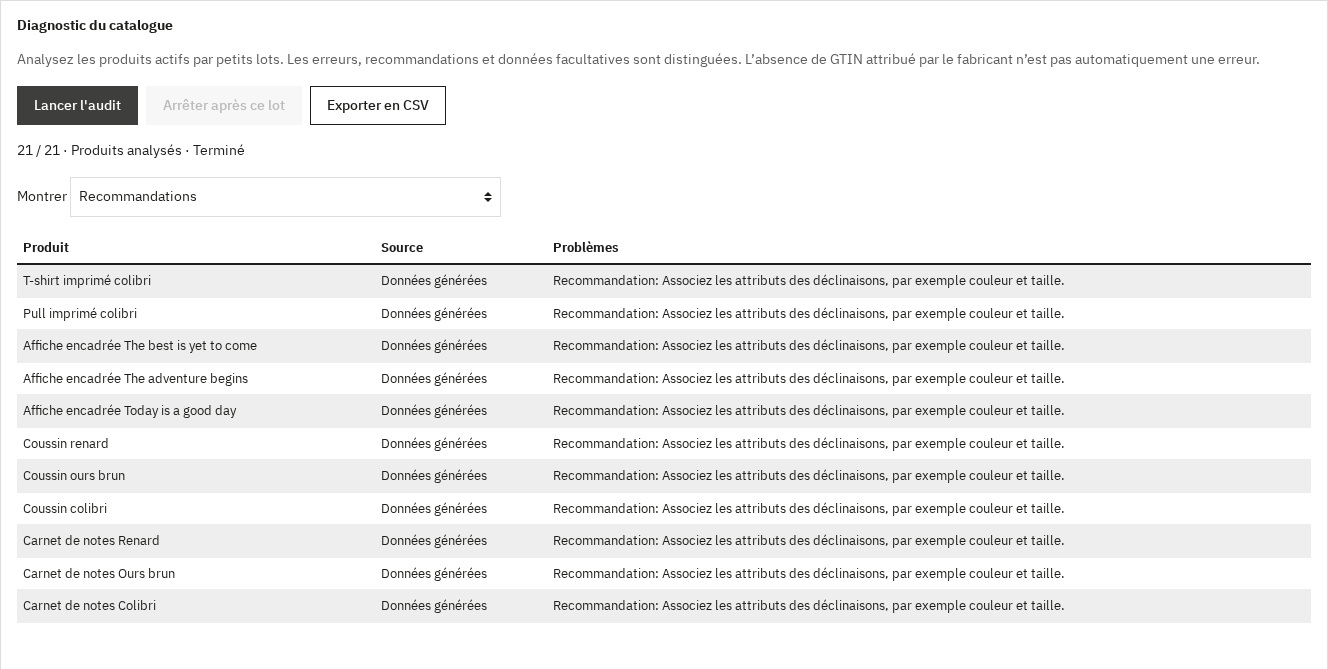 Diagnostic du catalogue : résultats exploitables et export CSV