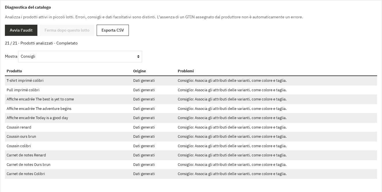 Diagnostica del catalogo con risultati utili ed esportazione CSV