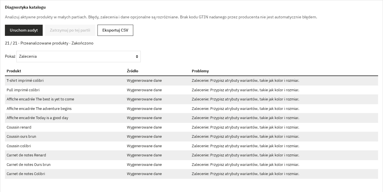 Diagnostyka katalogu z przydatnymi wynikami i eksportem CSV