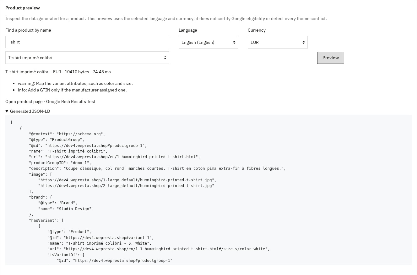 Product preview in the selected language and currency