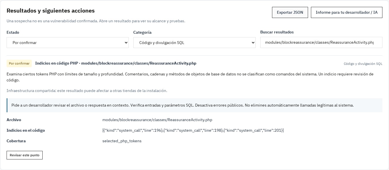 Abra un hallazgo para examinar las pruebas, leer la recomendación y volver a comprobarlo.