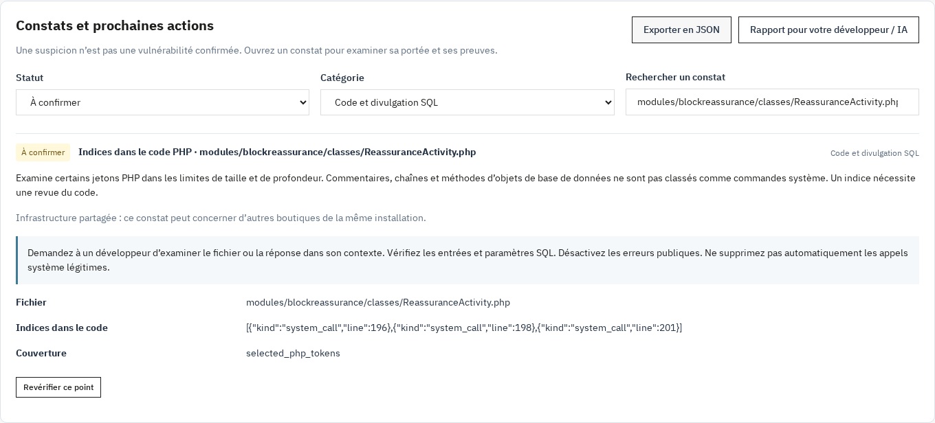 Ouvrez un constat pour examiner les preuves, lire la recommandation et revérifier le point.