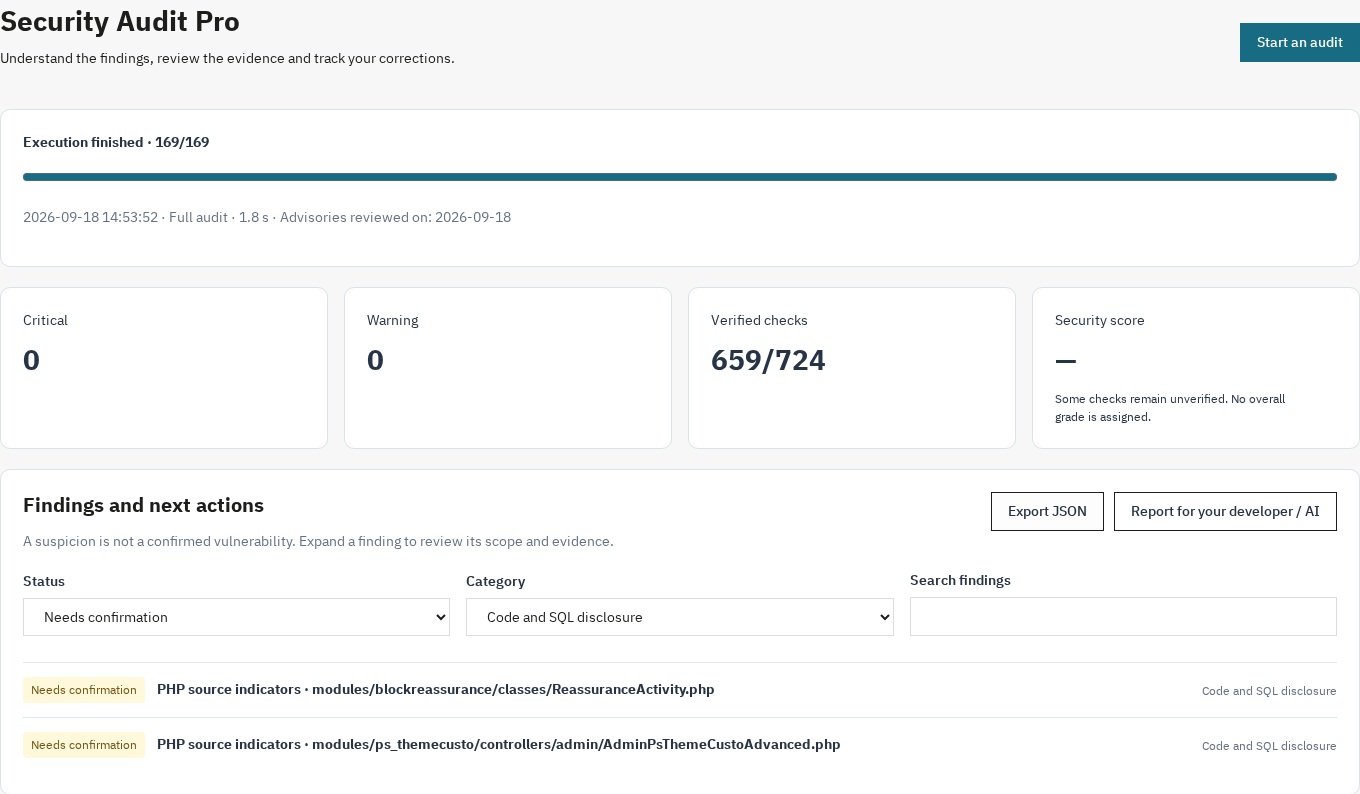 Follow progress and distinguish findings from checks that still need verification.