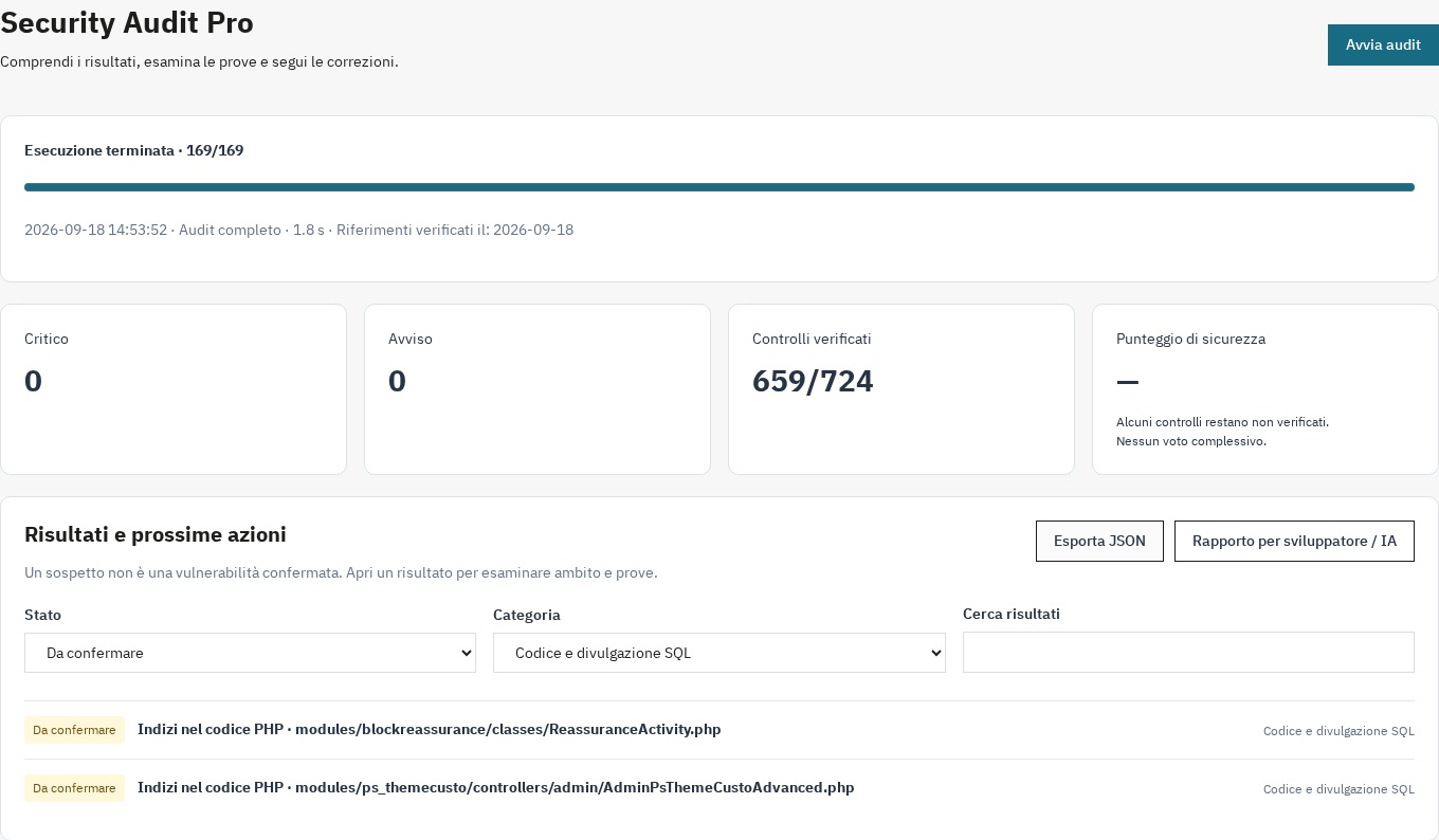 Segui l’avanzamento e distingui i risultati dai controlli ancora da verificare.