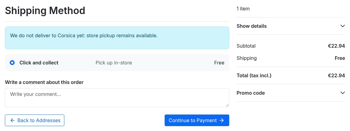 Shipping step: message saying Corsica is not delivered yet, with store pickup still offered
