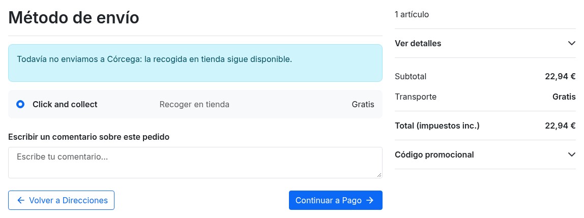Paso de envío: mensaje que indica que todavía no se envía a Córcega, con la recogida en tienda disponible