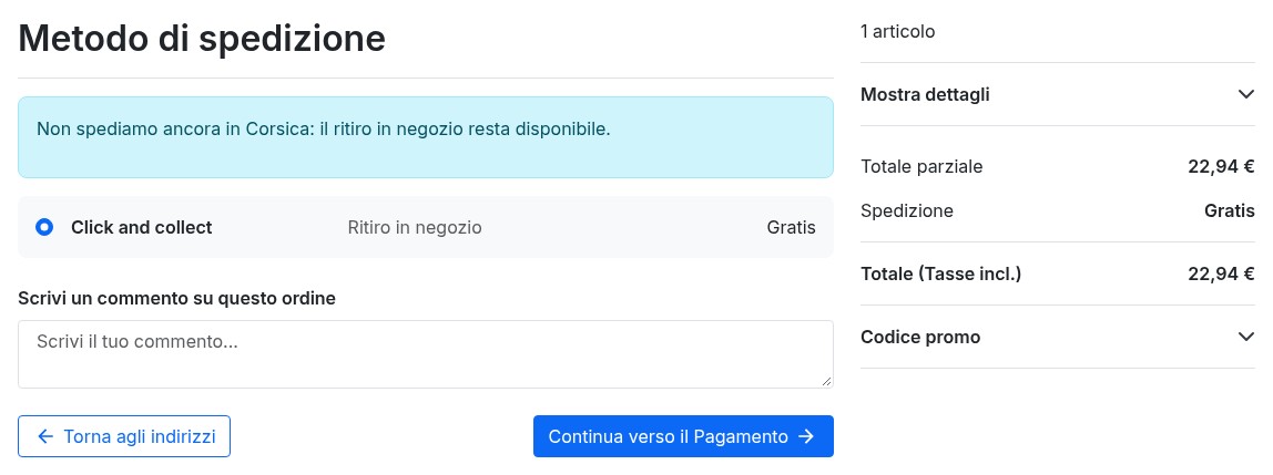 Fase di spedizione: messaggio che indica che la Corsica non è ancora servita, con il ritiro in negozio sempre disponibile