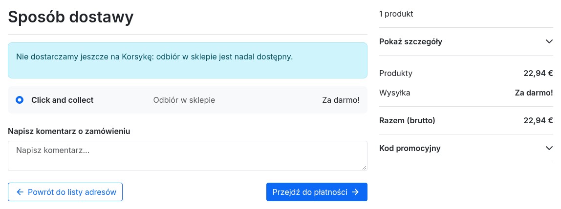 Etap dostawy: komunikat, że Korsyka nie jest jeszcze obsługiwana, a odbiór w sklepie pozostaje dostępny